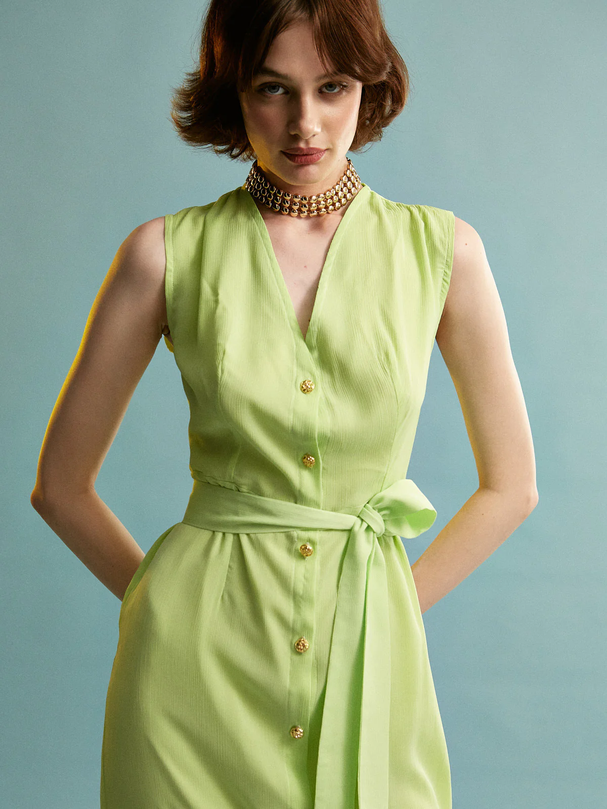 Amaya button sleeveless green dress - Image 2