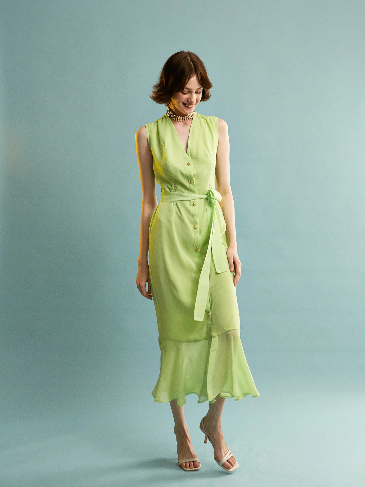 Amaya button sleeveless green dress - Image 3