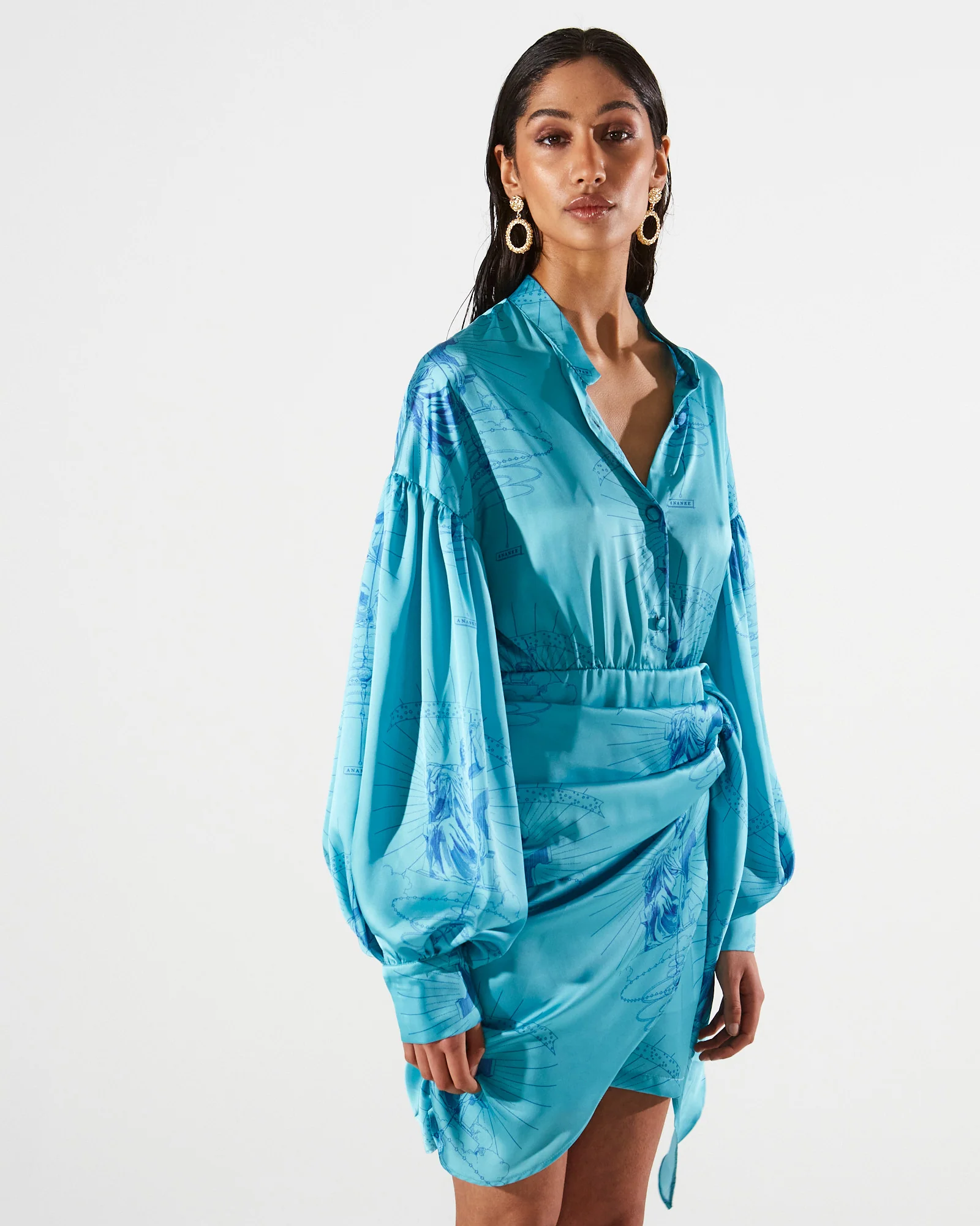 Ananke satin printed turquoise mini dress - Image 4