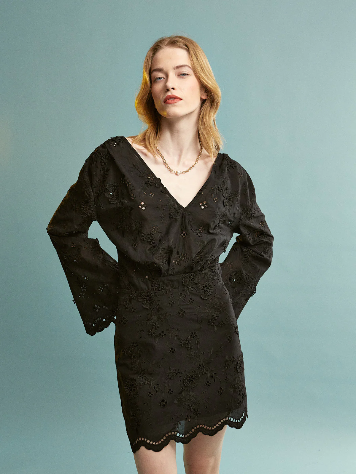 Denise cotton broderie mini black dress - Image 4