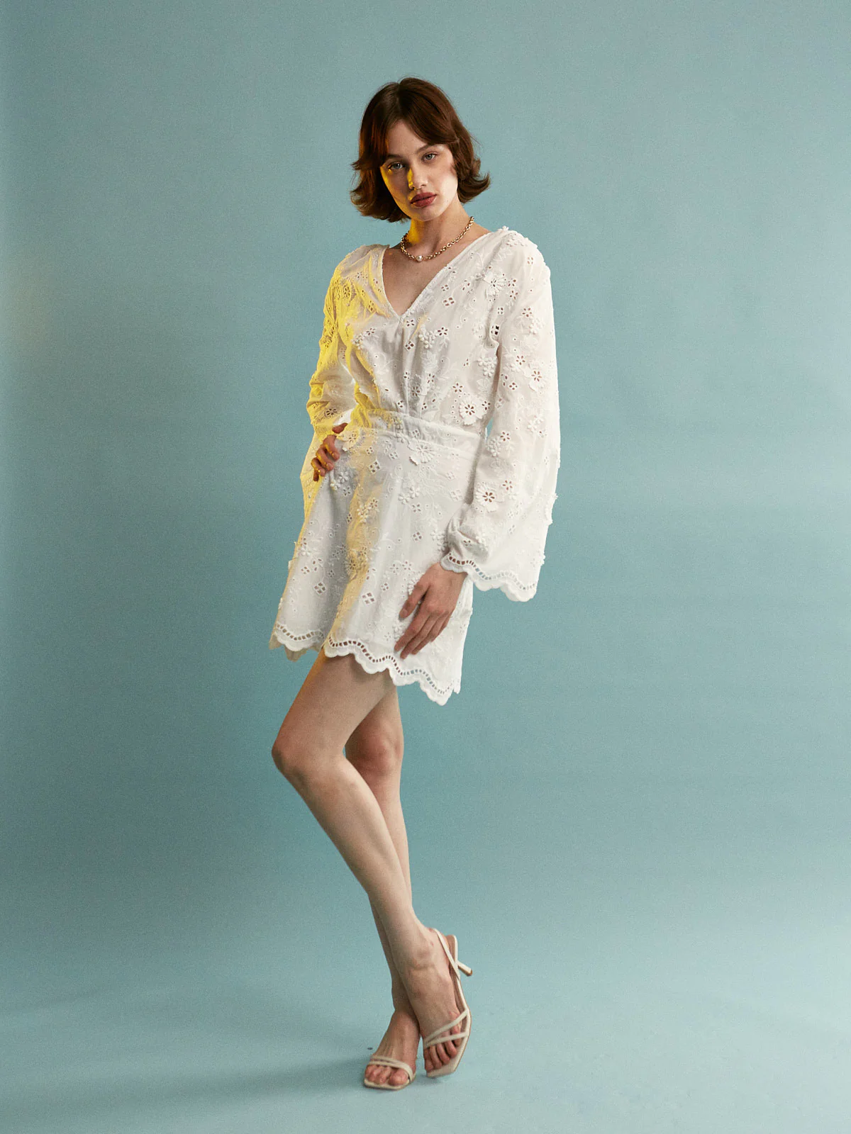 Denise cotton broderie mini white dress - Image 3