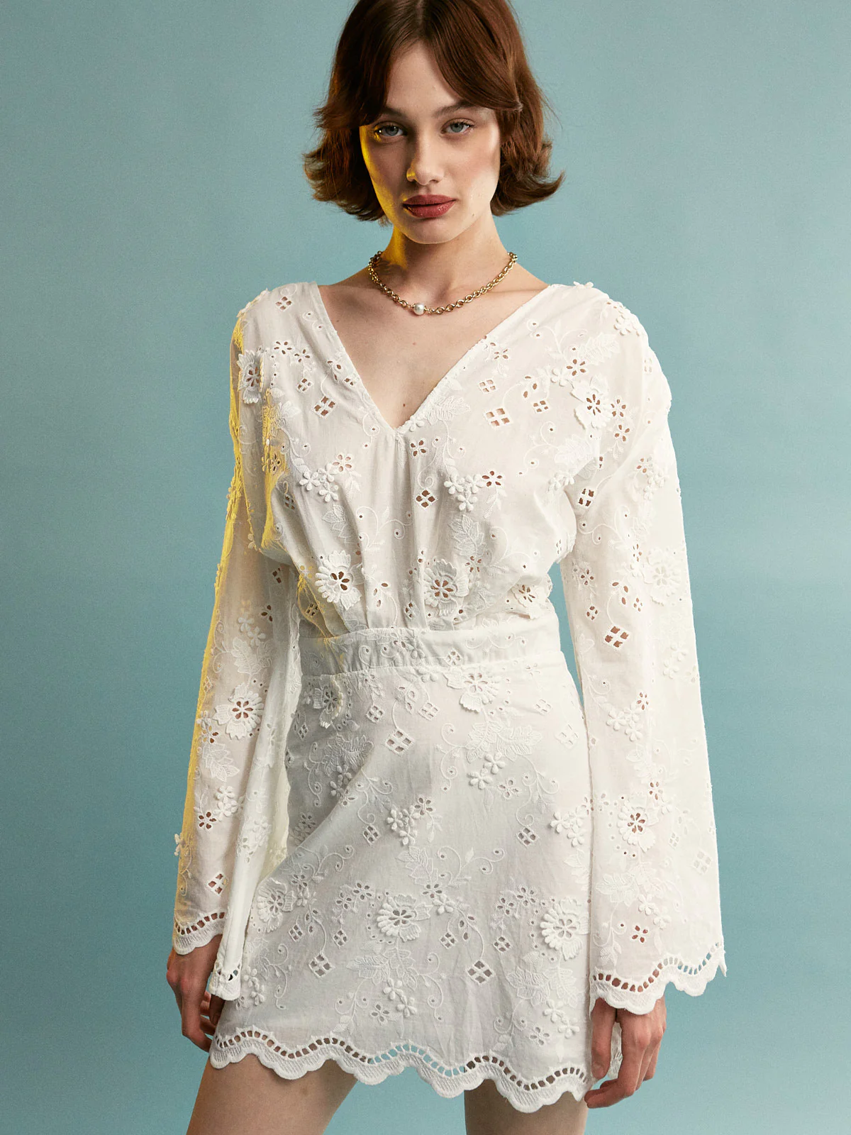 Denise cotton broderie mini white dress - Image 4