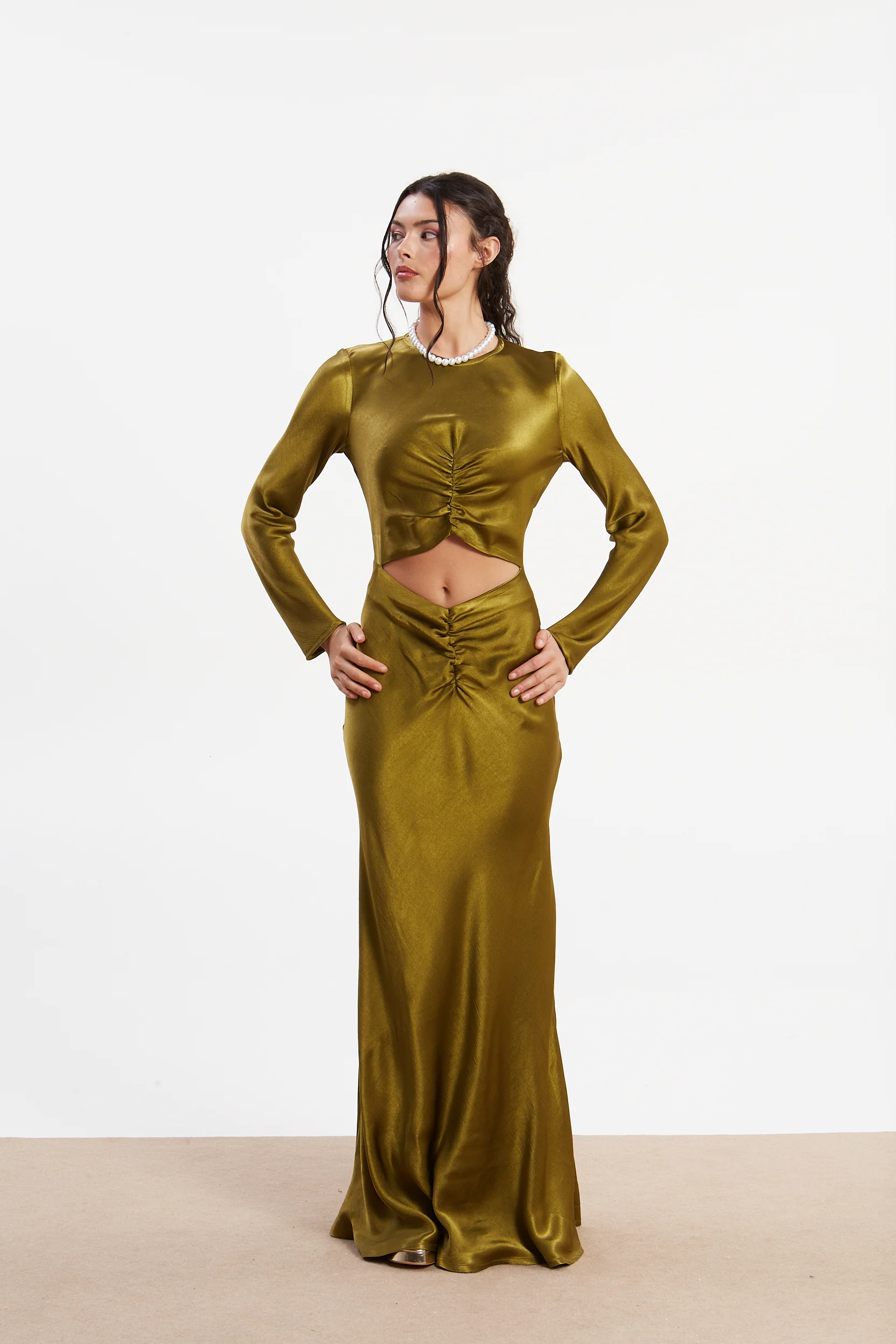 Diana satin cut out olive dress - Image 2