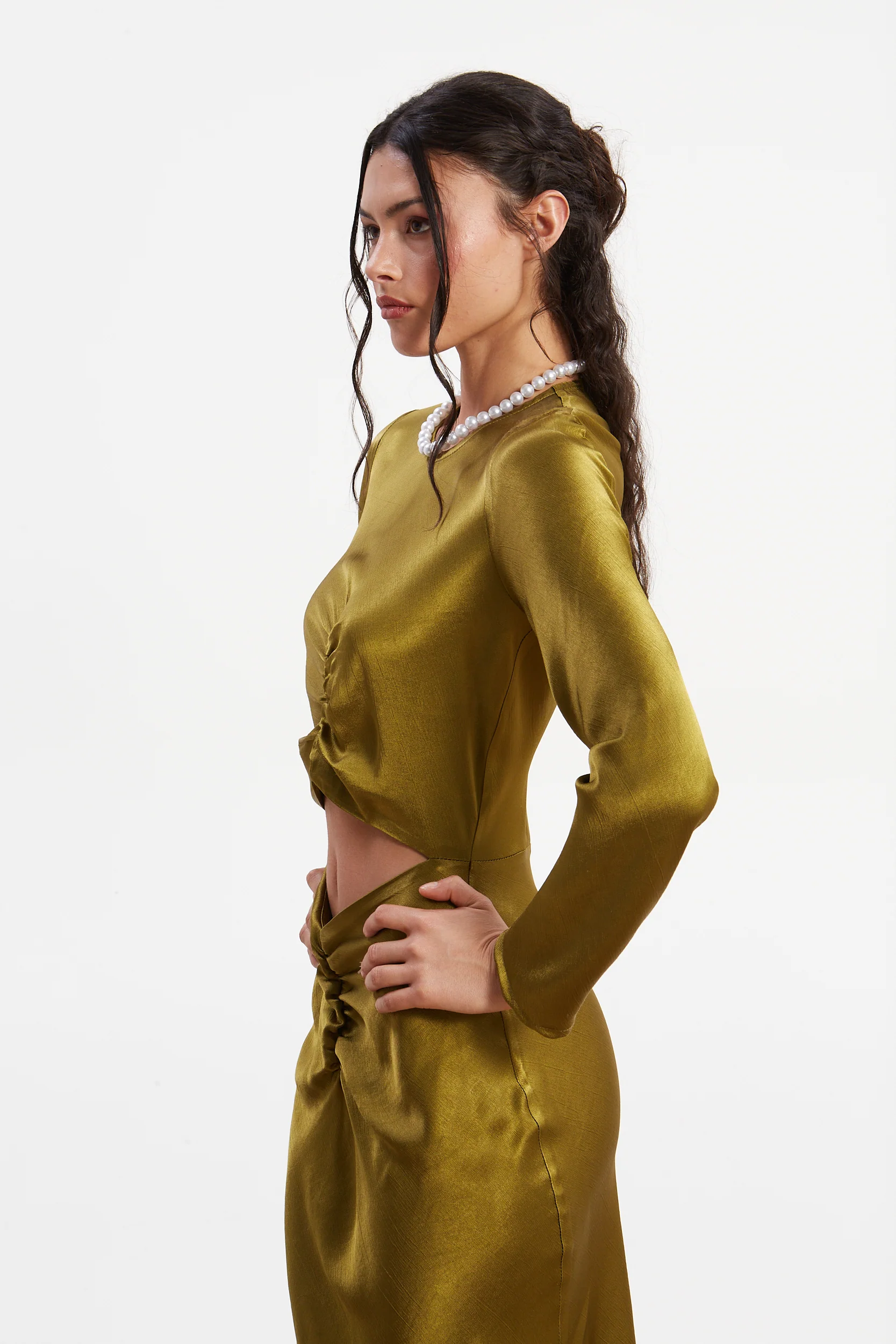 Diana satin cut out olive dress - Image 4