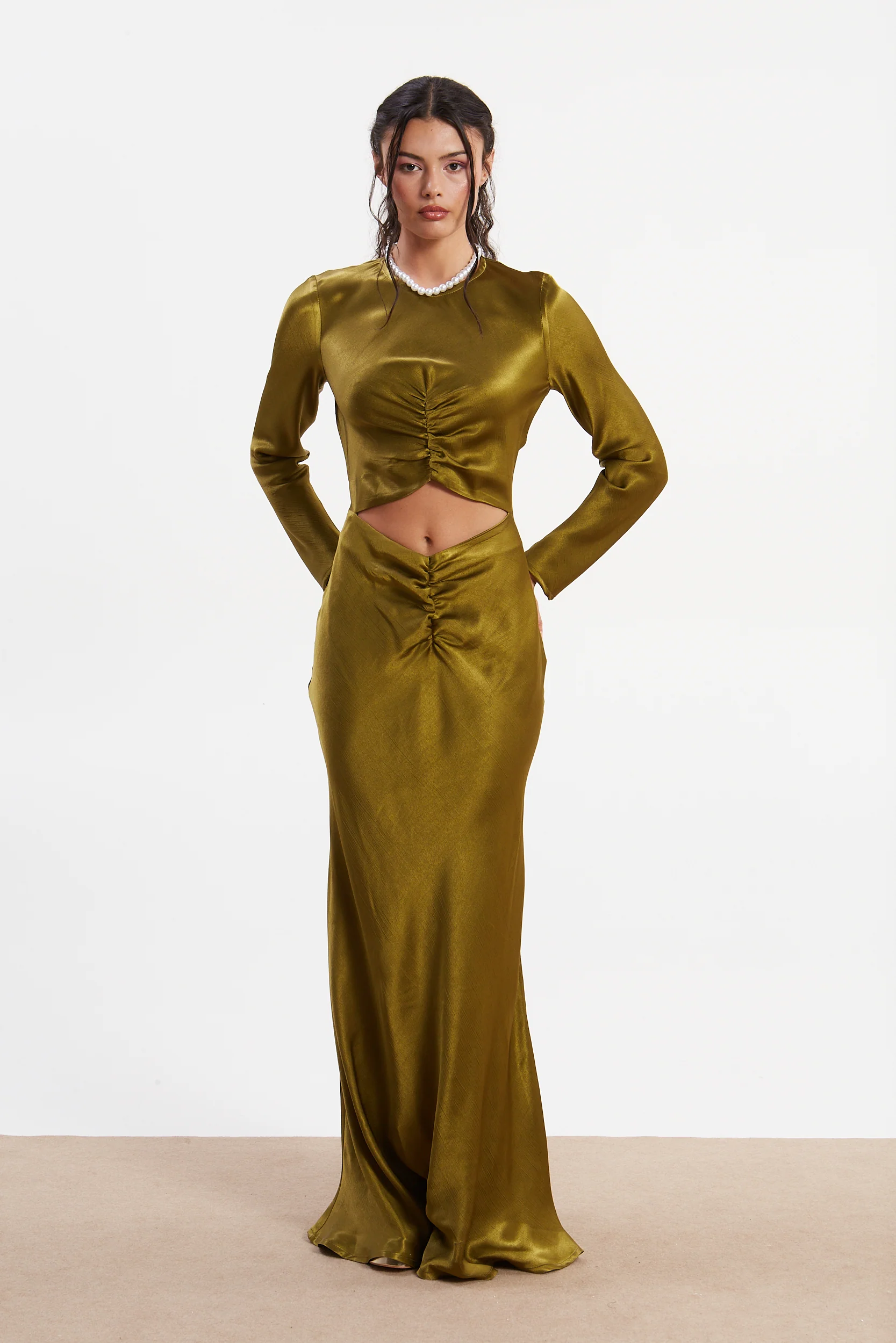 Diana satin cut out olive dress - Image 5