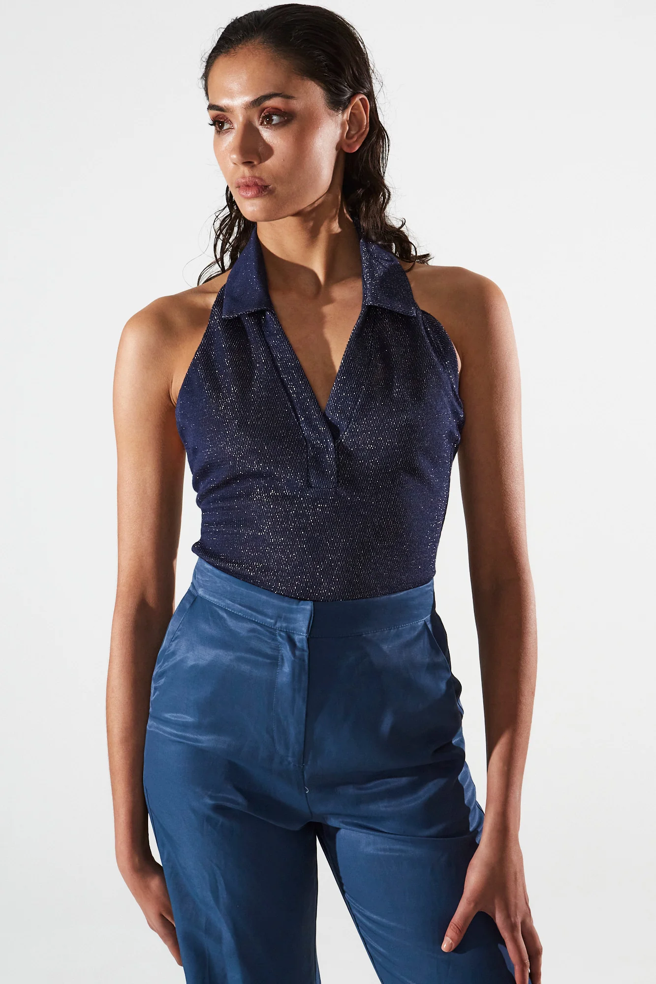Dione collar navy blue top