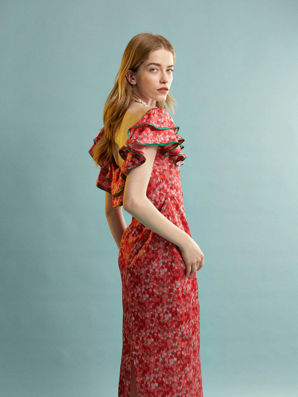 Julie floral satin ruffle dress - Image 5
