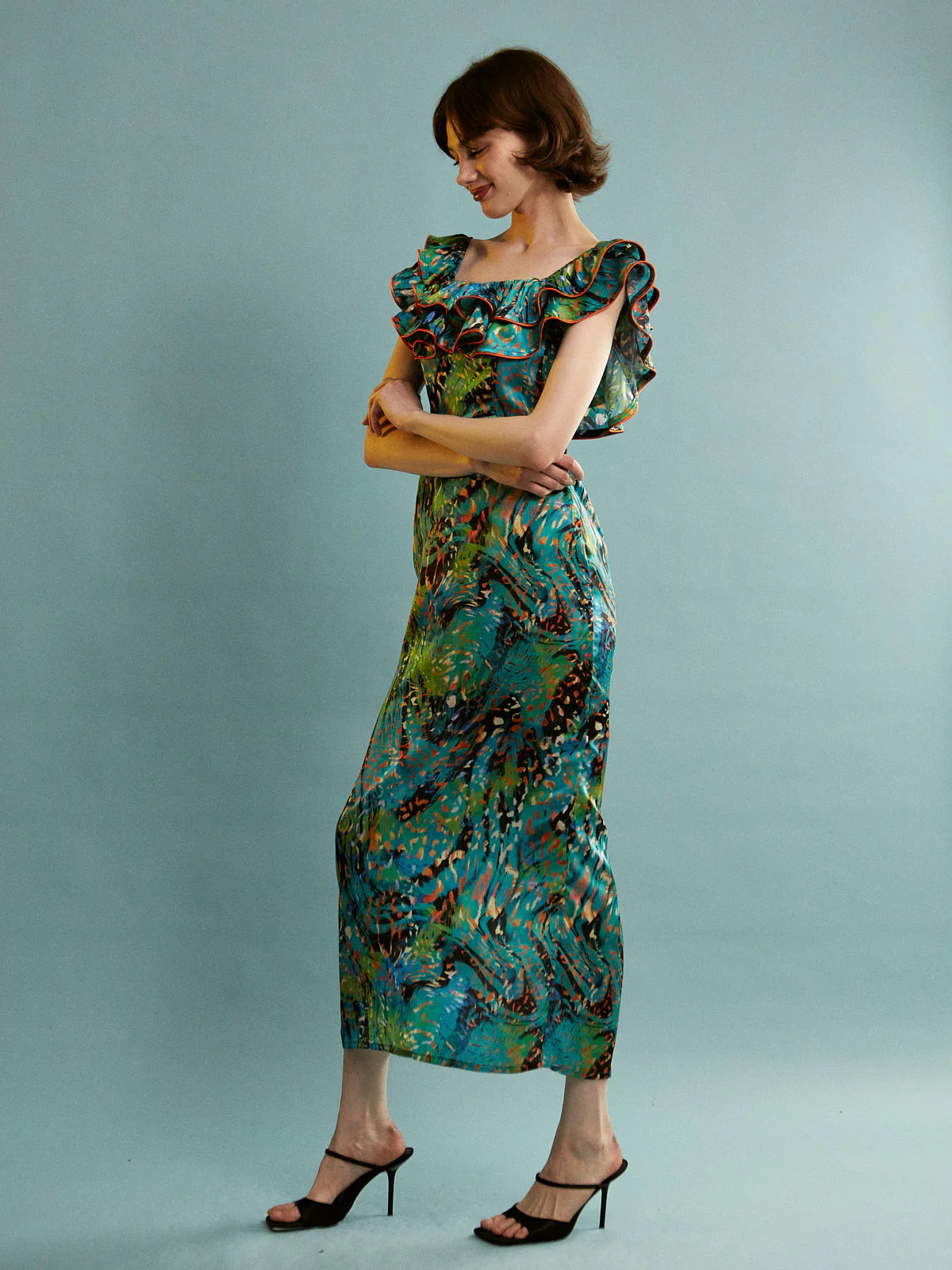 Linda leopard satin ruffle dress