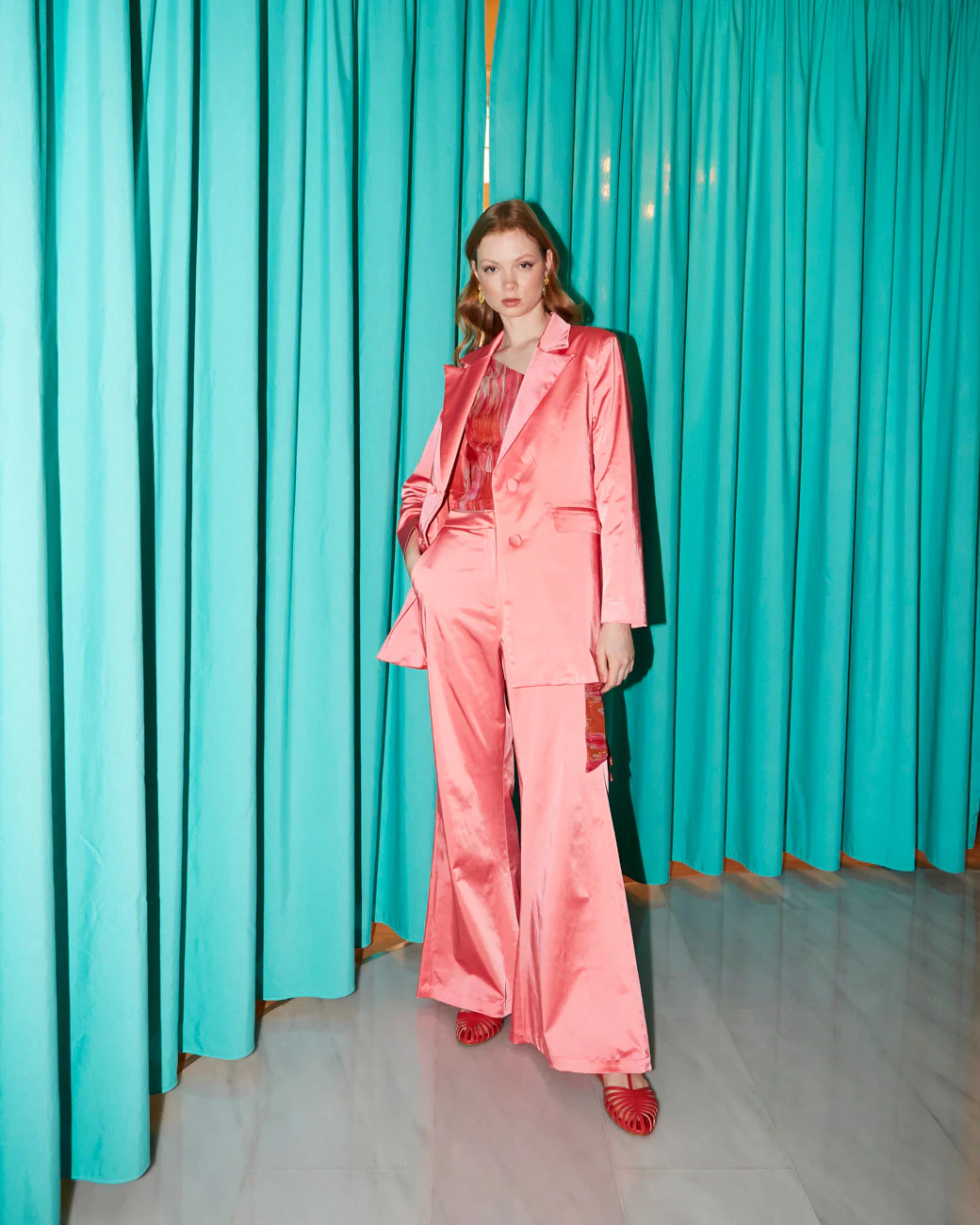 Luna shiny cotton coral blazer - Image 5