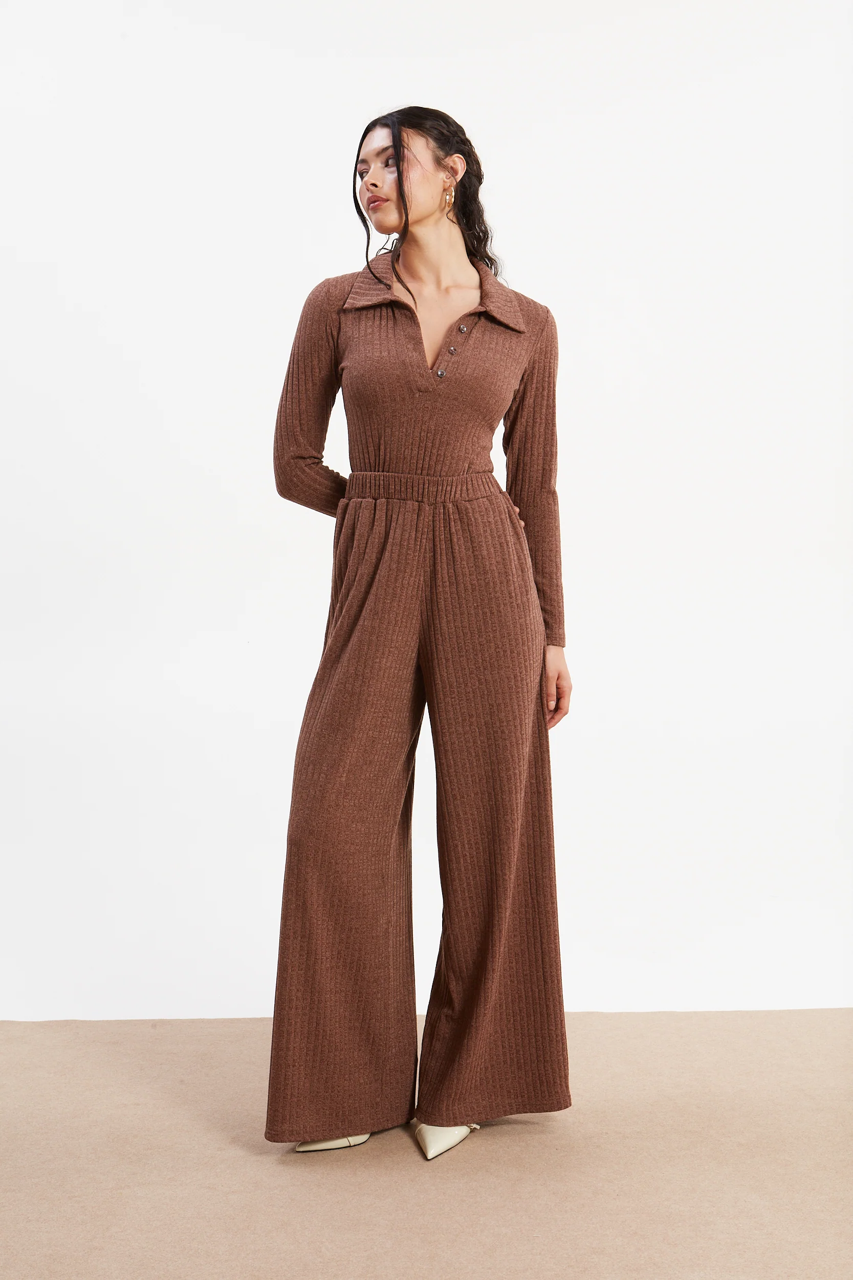 Matilda rib knit camel polo top - Image 3