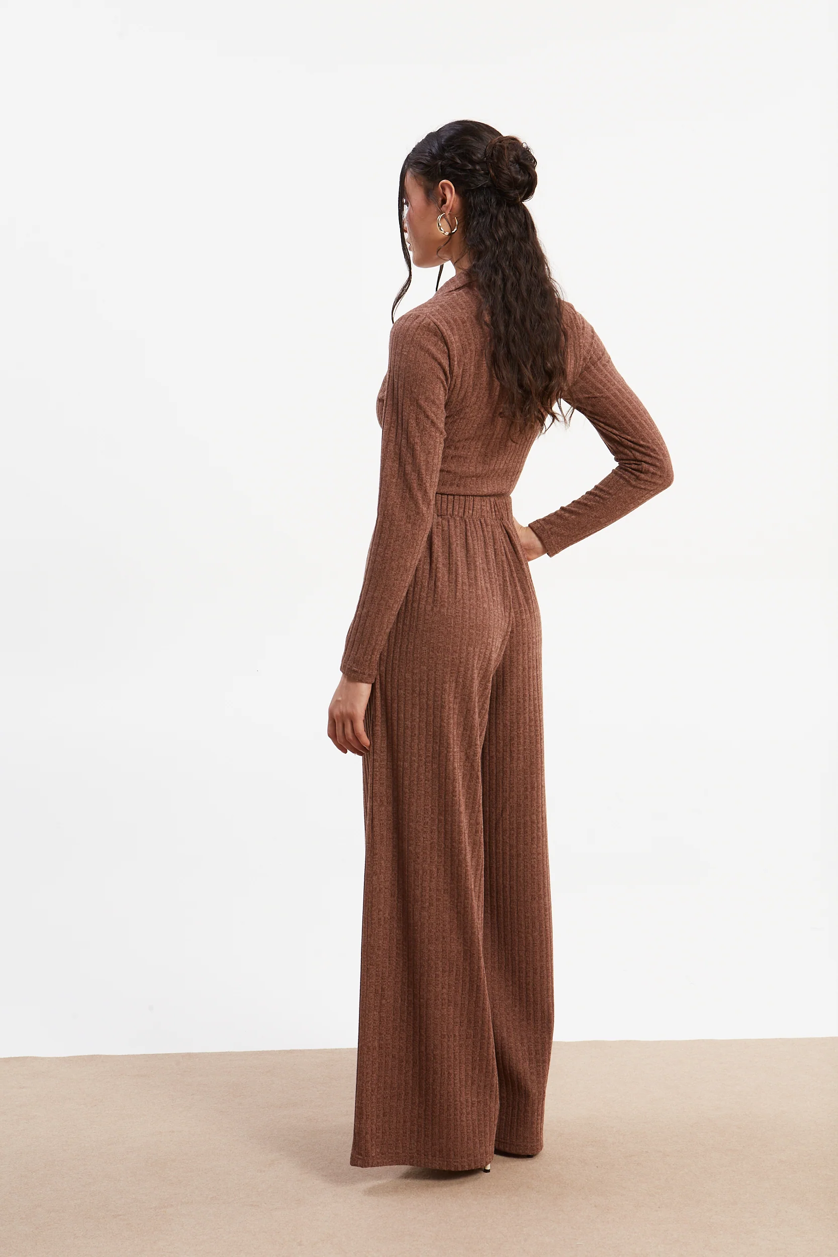 Matilda rib knit camel polo top - Image 4