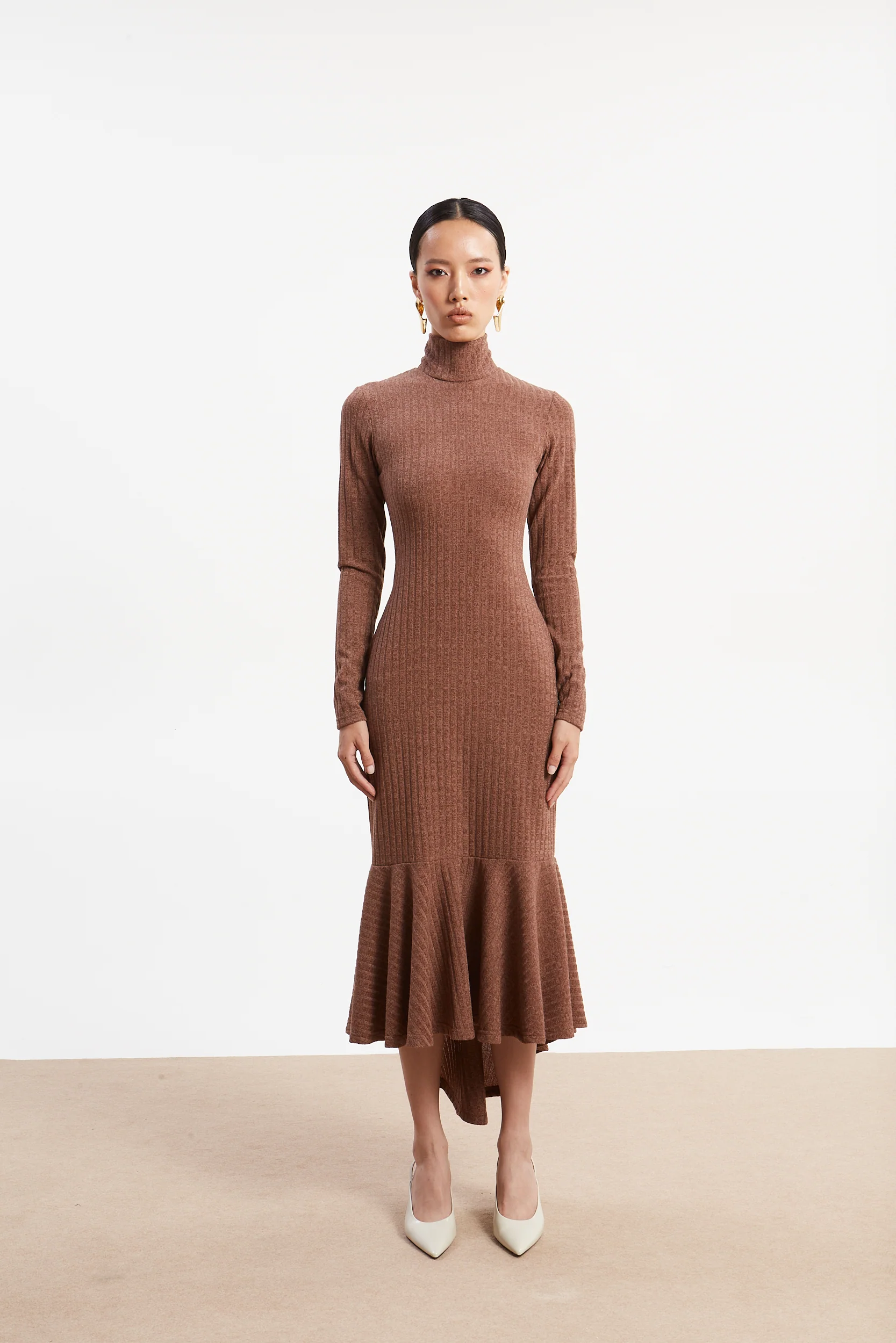 Matilda rib knit turtleneck camel dress