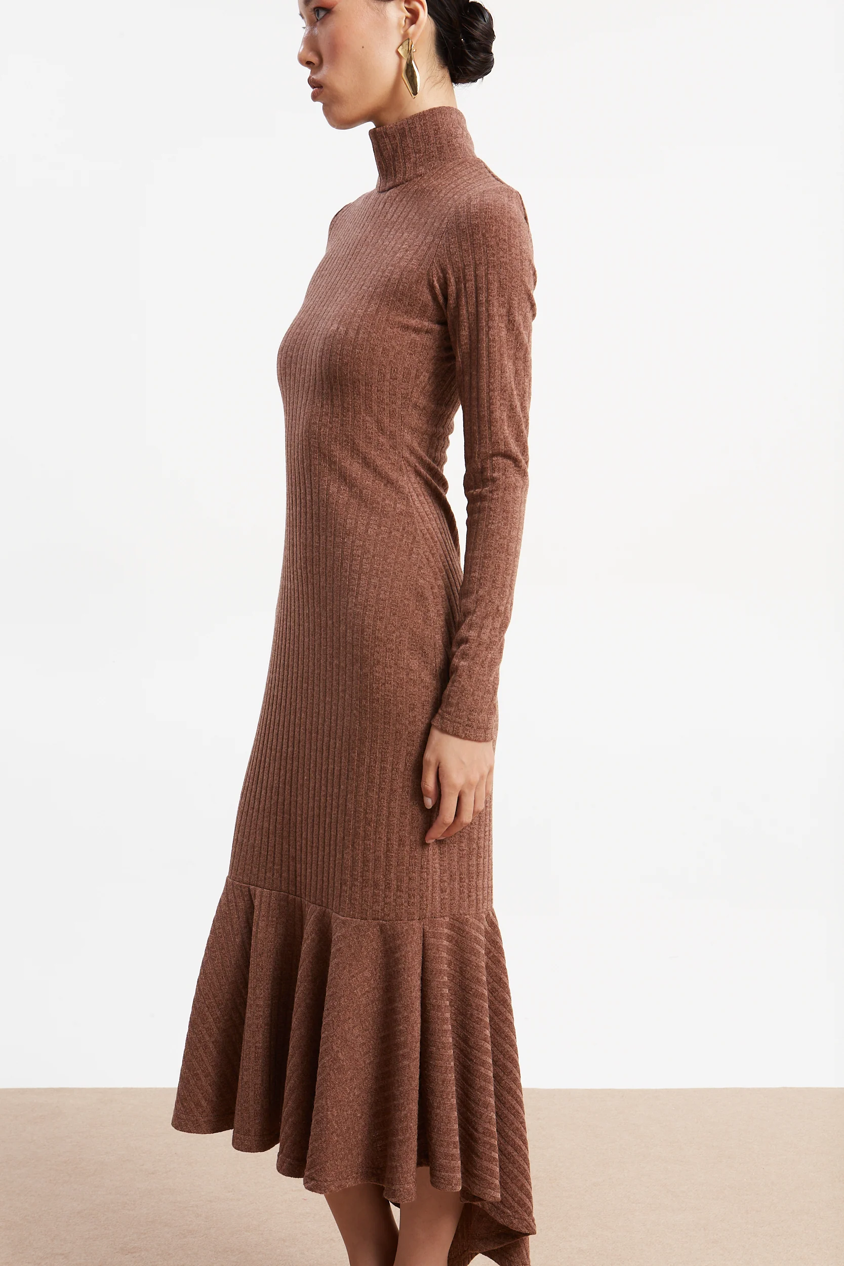 Matilda rib knit turtleneck camel dress - Image 3