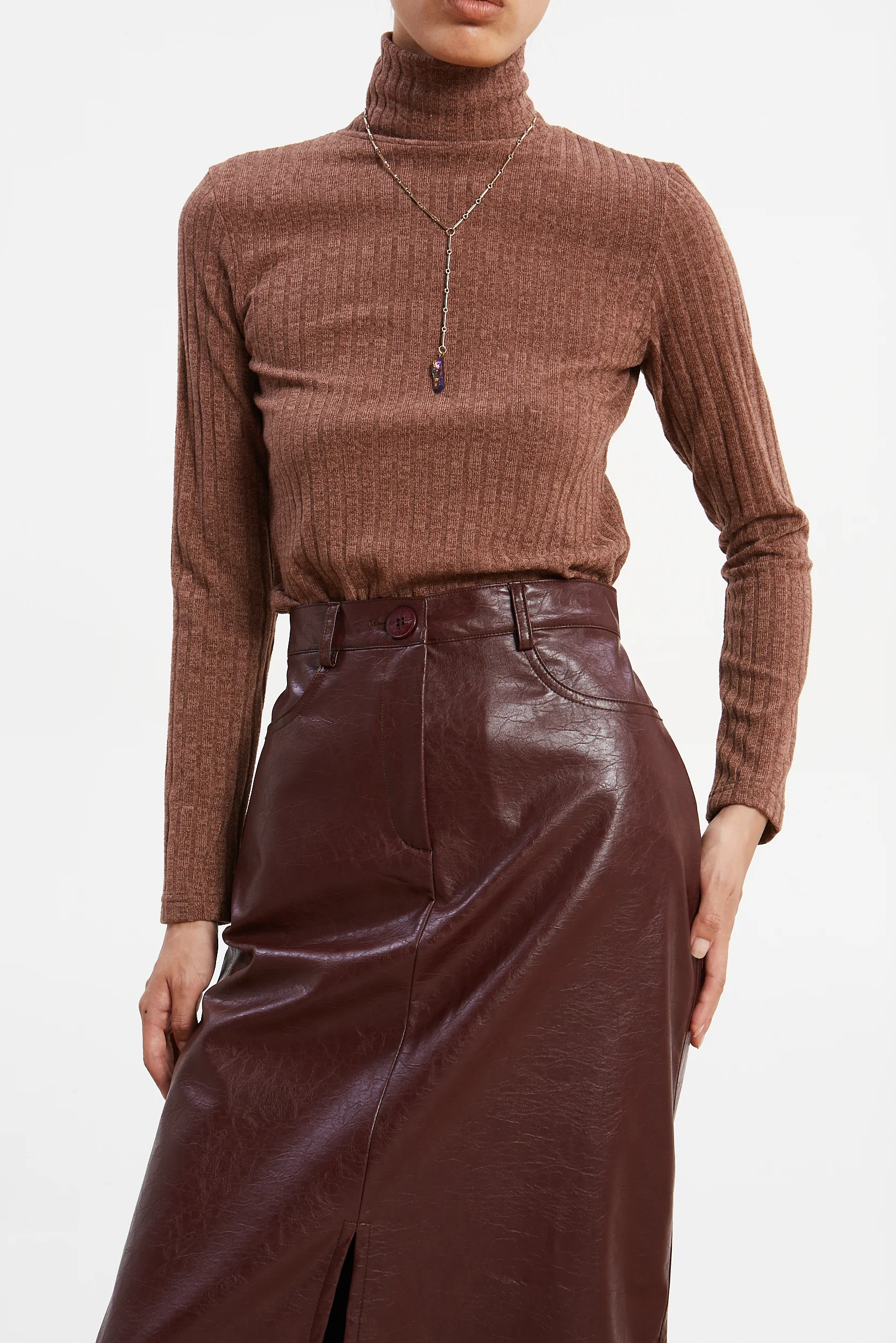 Matilda rib knit turtleneck camel top - Image 2
