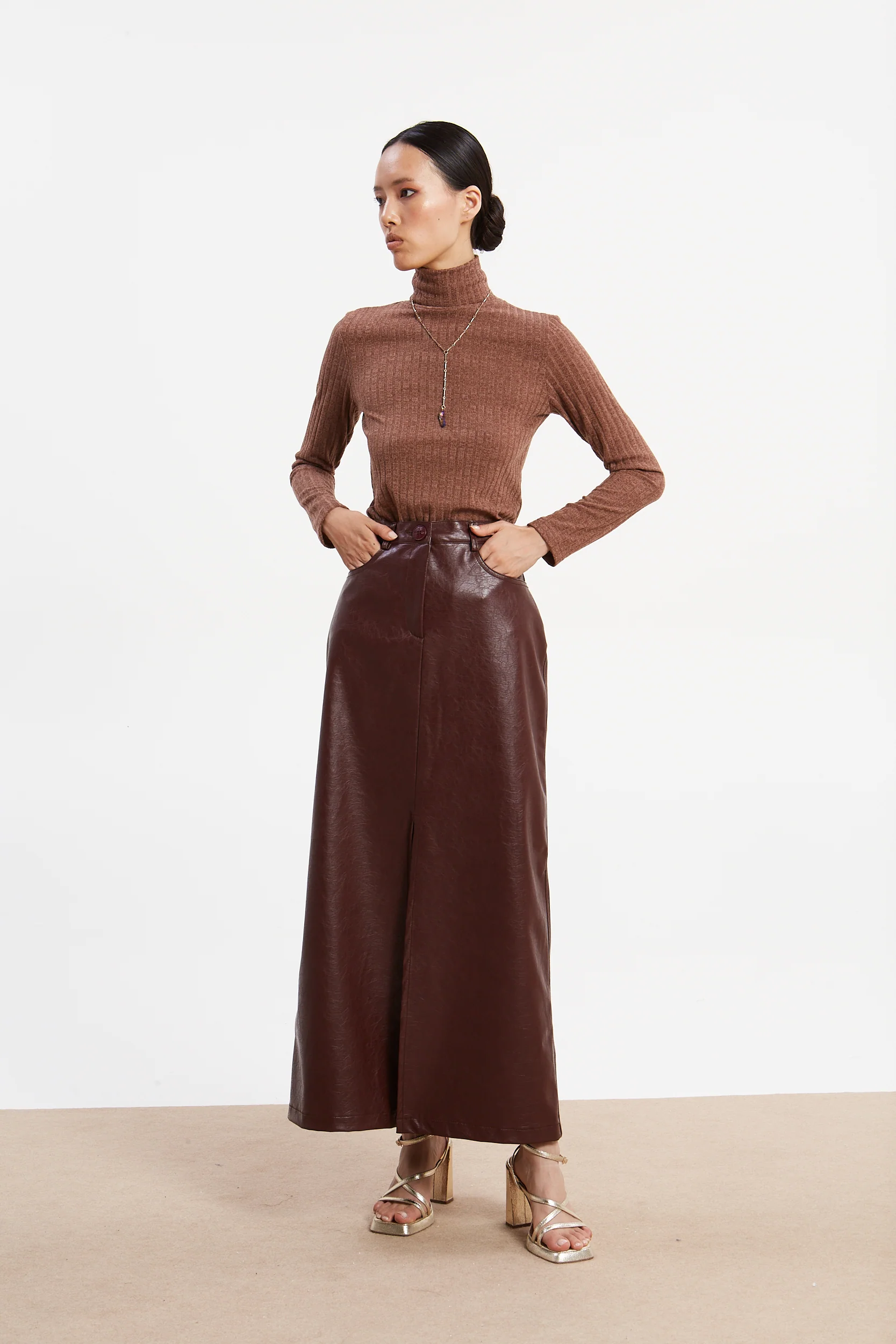 Matilda rib knit turtleneck camel top - Image 4
