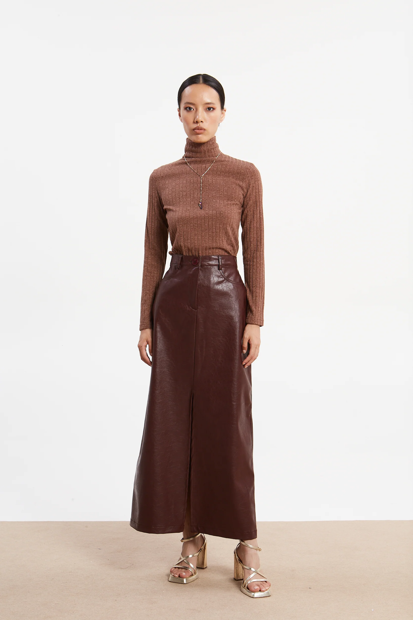 Matilda rib knit turtleneck camel top - Image 5