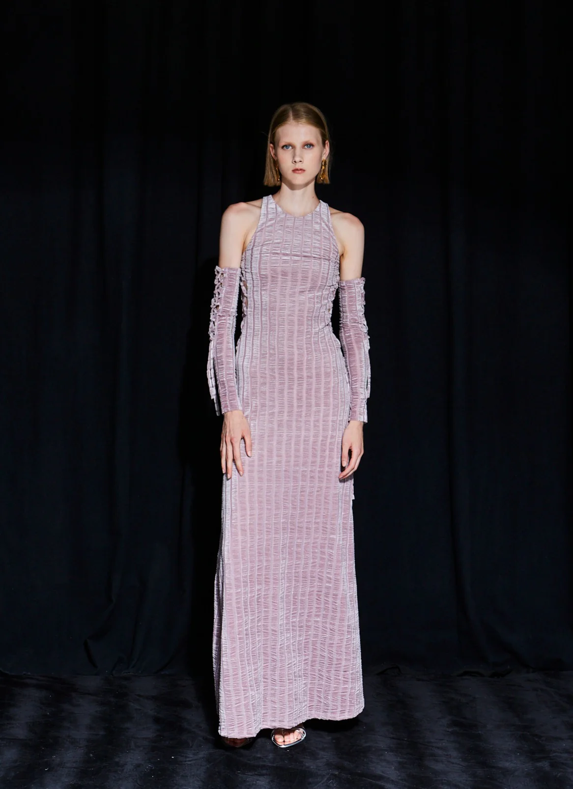 Raquel velvet striped nude dress - Image 2
