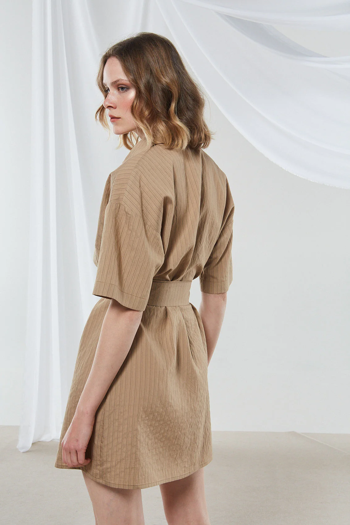 Renata stripe mini camel shirtdress - Image 3