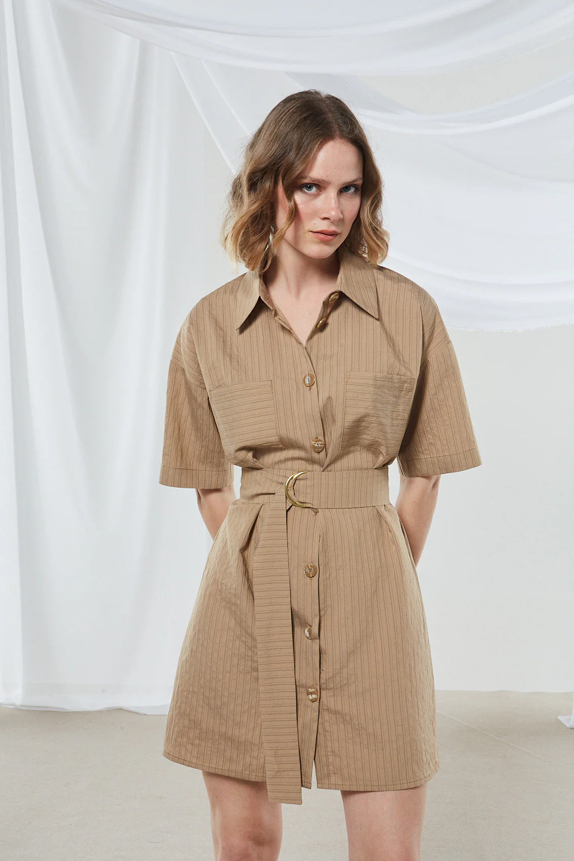Renata stripe mini camel shirtdress - Image 4