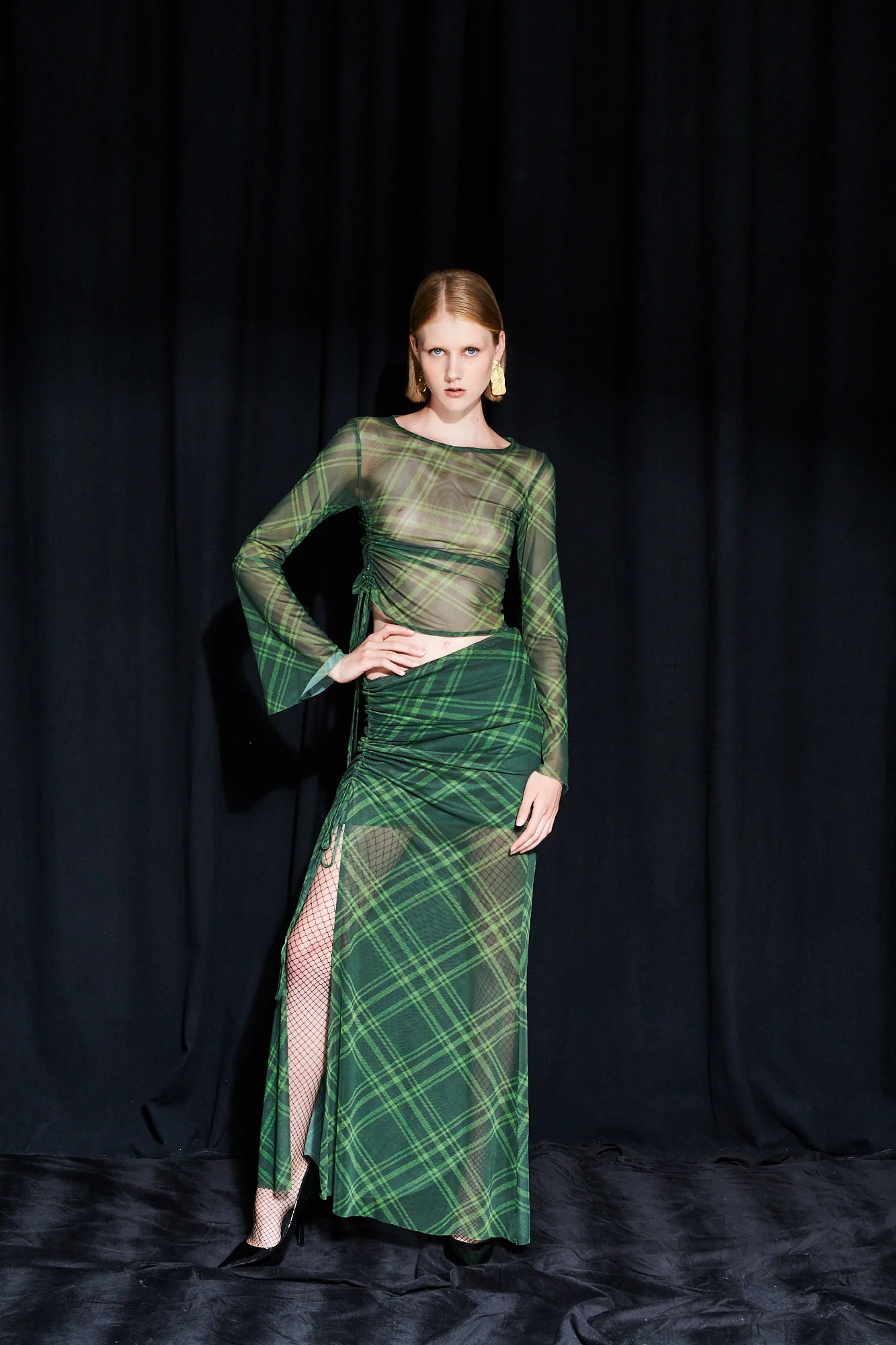 Valeria plaid printed mesh green skirt - Image 2